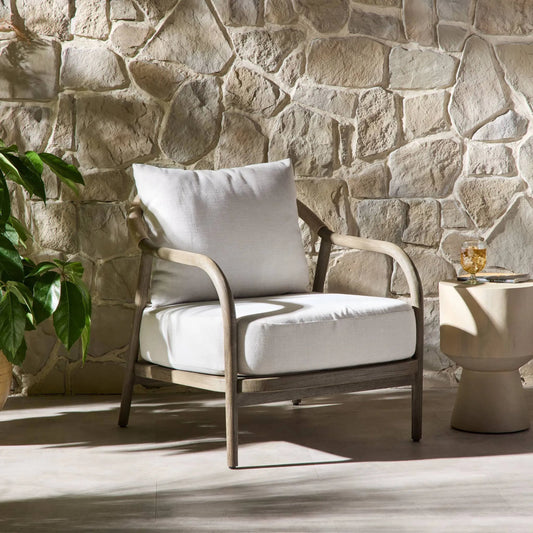Remi Outdoor Chair by Four Hands in vergo cream, stained aged grey-fsc, vintage white. Made from 100% polyester, solid fsc®-certified teak, 100% polyethylene in a unique style.