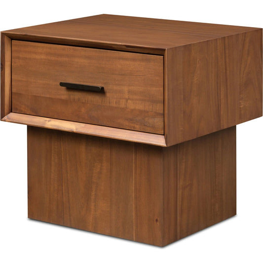Lilas Nightstand by Four Hands in saddle tan veneer. Made from acacia veneer, solid acacia in a unique style.