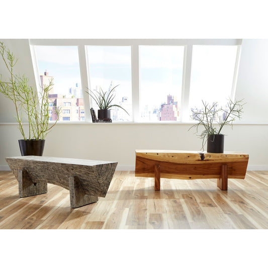 Chamcha Wood Triangle Bench by Phillips Collection in gray stone. Made from wood in a rustic style.