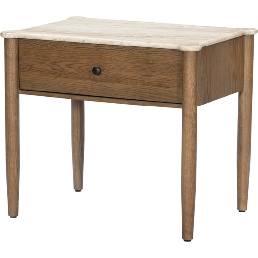 Joah Nightstand by Four Hands in antique white marble, light brown oak. Made from solid marble, solid oak in a unique style.