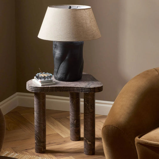 Manoli End Table by Four Hands in smoke plum marble. Made from solid marble in a unique style.