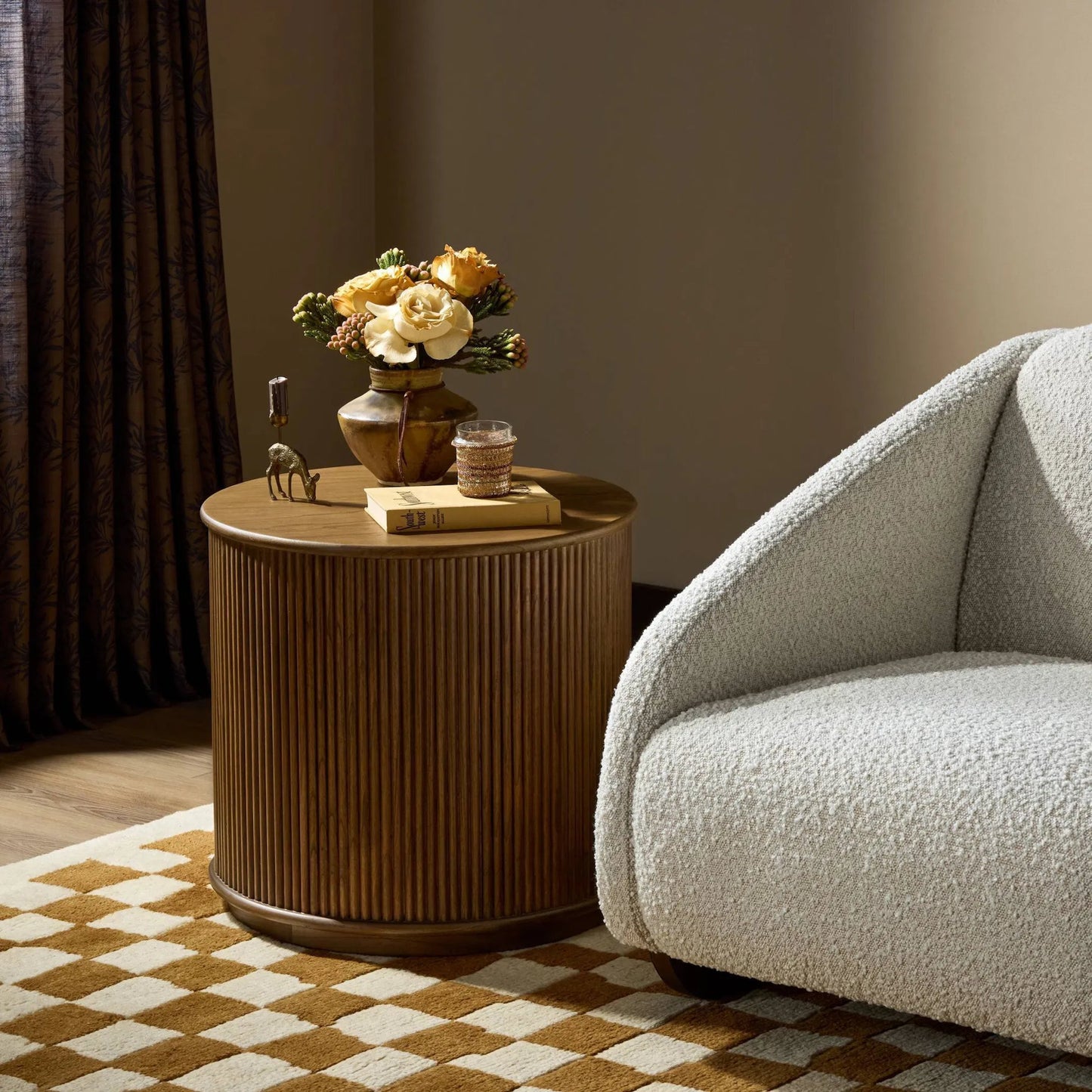 011 SI-2531677 | Lifestyle | Ona End Table by Four Hands. Made from mindi veneer, solid mindi in a unique style.