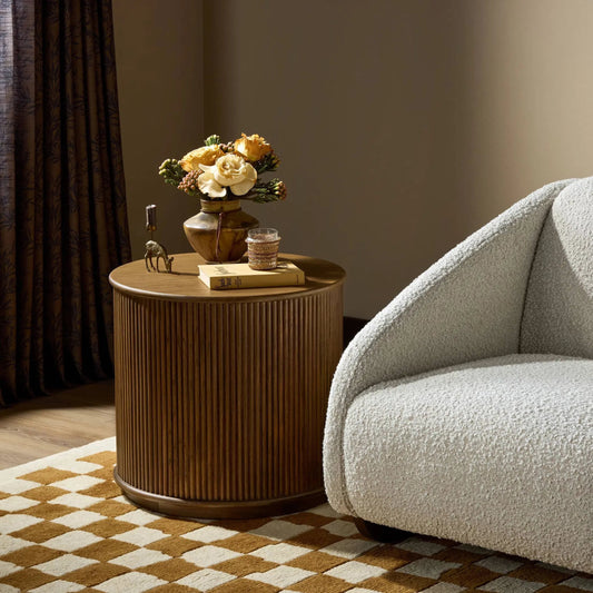 Ona End Table by Four Hands in amber mindi veneer. Made from mindi veneer, solid mindi in a unique style.