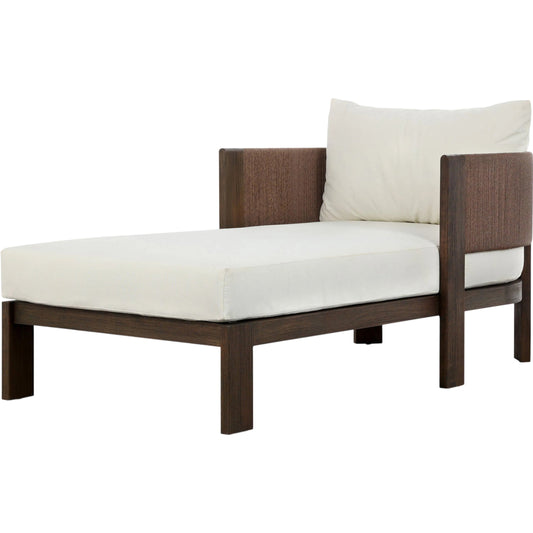 Delancy Outdoor Chaise by Four Hands in arashi salt, stained saddle brown-fsc, tanned weave. Made from 100% acrylic, solid fsc®-certified teak, 100% polyethylene in a unique style.