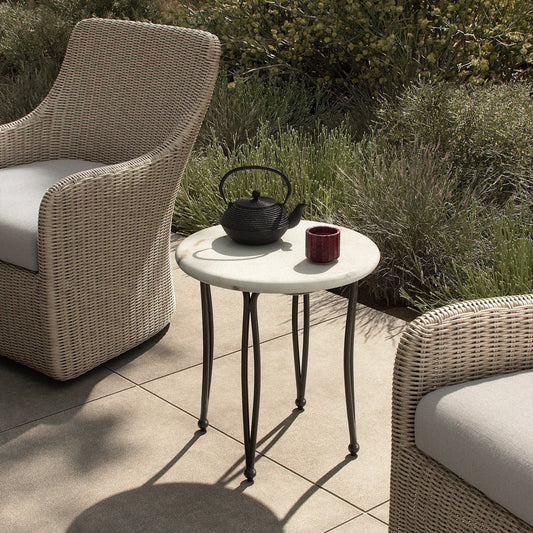 Idalia Outdoor End Table by Four Hands in white marble, dark bronze. Made from solid marble, aluminum in a unique style.