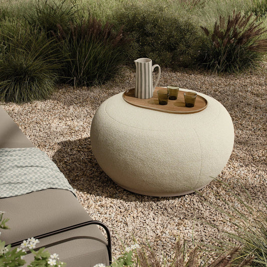 Chip Outdoor Ottoman by Four Hands in jasper natural, dove taupe. Made from 100% olefin, aluminum in a unique style.