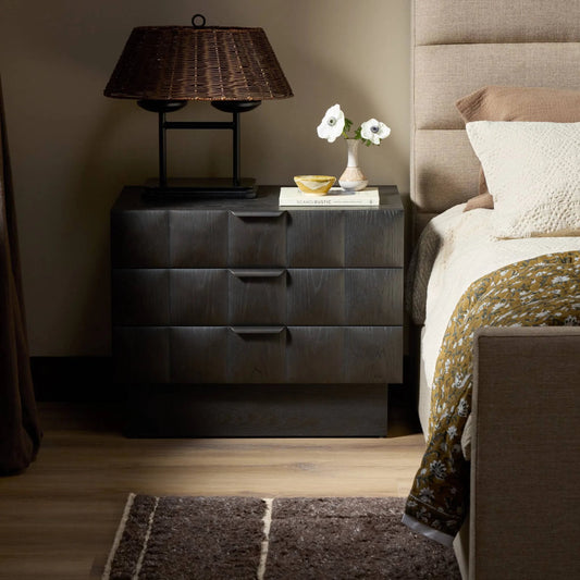 Swell Nightstand by Four Hands in dry black oak veneer, dark aluminum. Made from oak veneer, aluminum in a unique style.