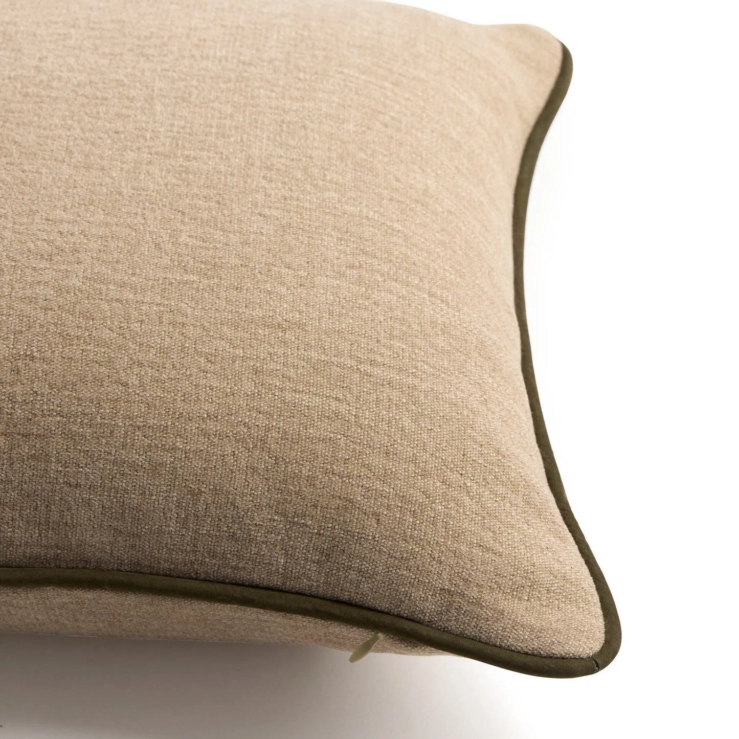 016 SI-2628483 | Closeup | Vienna Pillow by Four Hands in laughlin natural, nubuck olive. Made from 97% polyester, 3% flax, linen, top grain leather in a unique style.