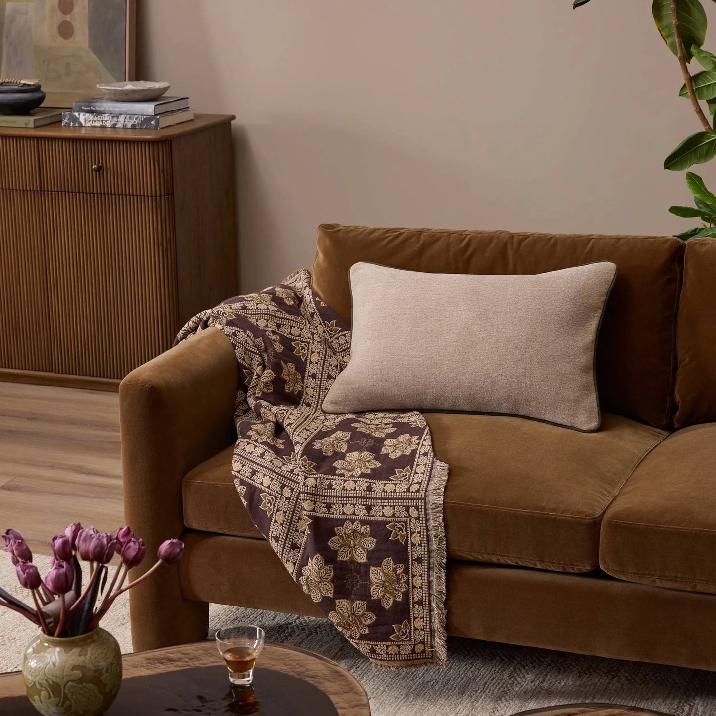 023 SI-2628483 | Lifestyle | Vienna Pillow by Four Hands in laughlin natural, nubuck olive. Made from 97% polyester, 3% flax, linen, top grain leather in a unique style.