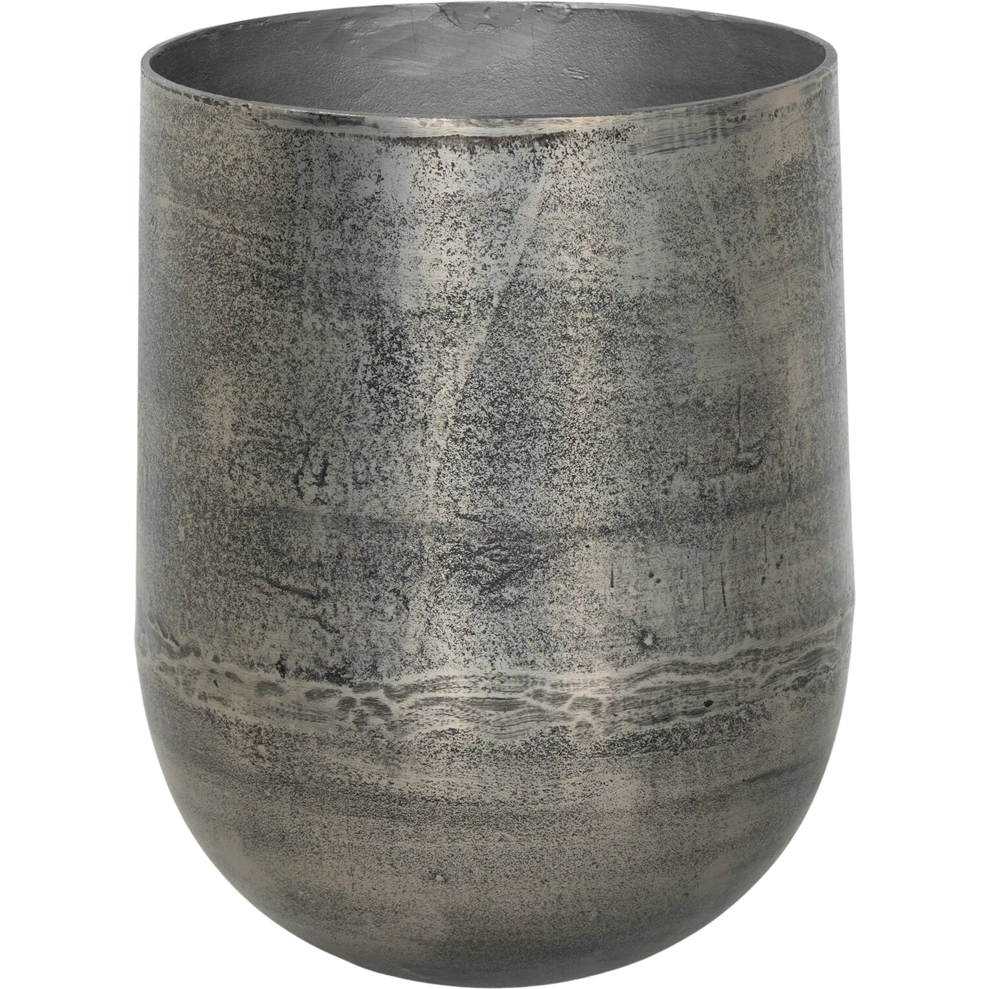 Zavia Metal Planter by Four Hands in raw antique nickel. Made from aluminum in a unique style.