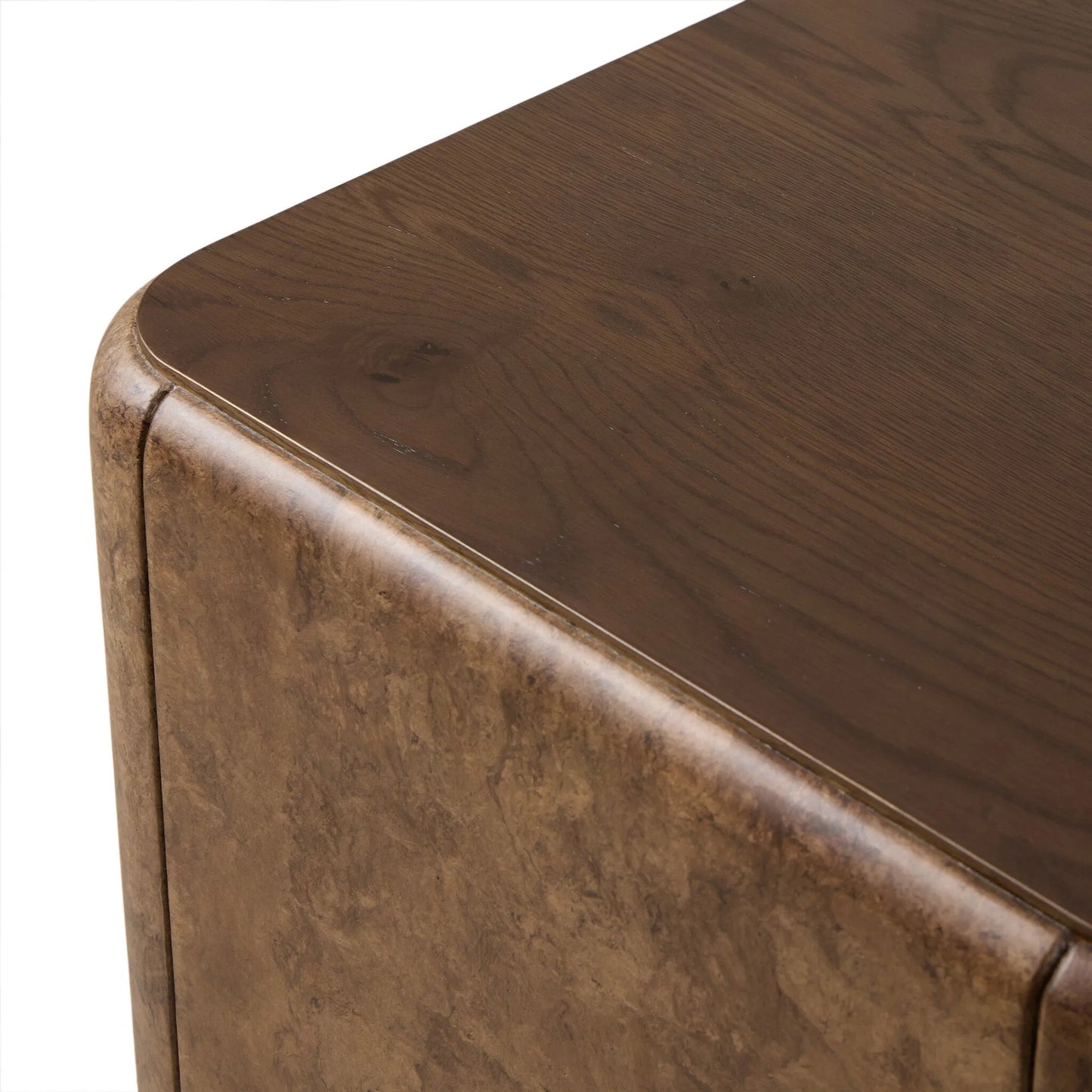 005 SI-2628133 | Closeup | Lola End Table by Four Hands in chestnut oak veneer, dark bark paper. Made from thick oak veneer, paper fiber in a unique style.