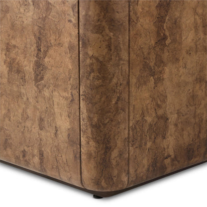 Lola End Table by Four Hands in chestnut oak veneer, dark bark paper. Made from thick oak veneer, paper fiber in a unique style.