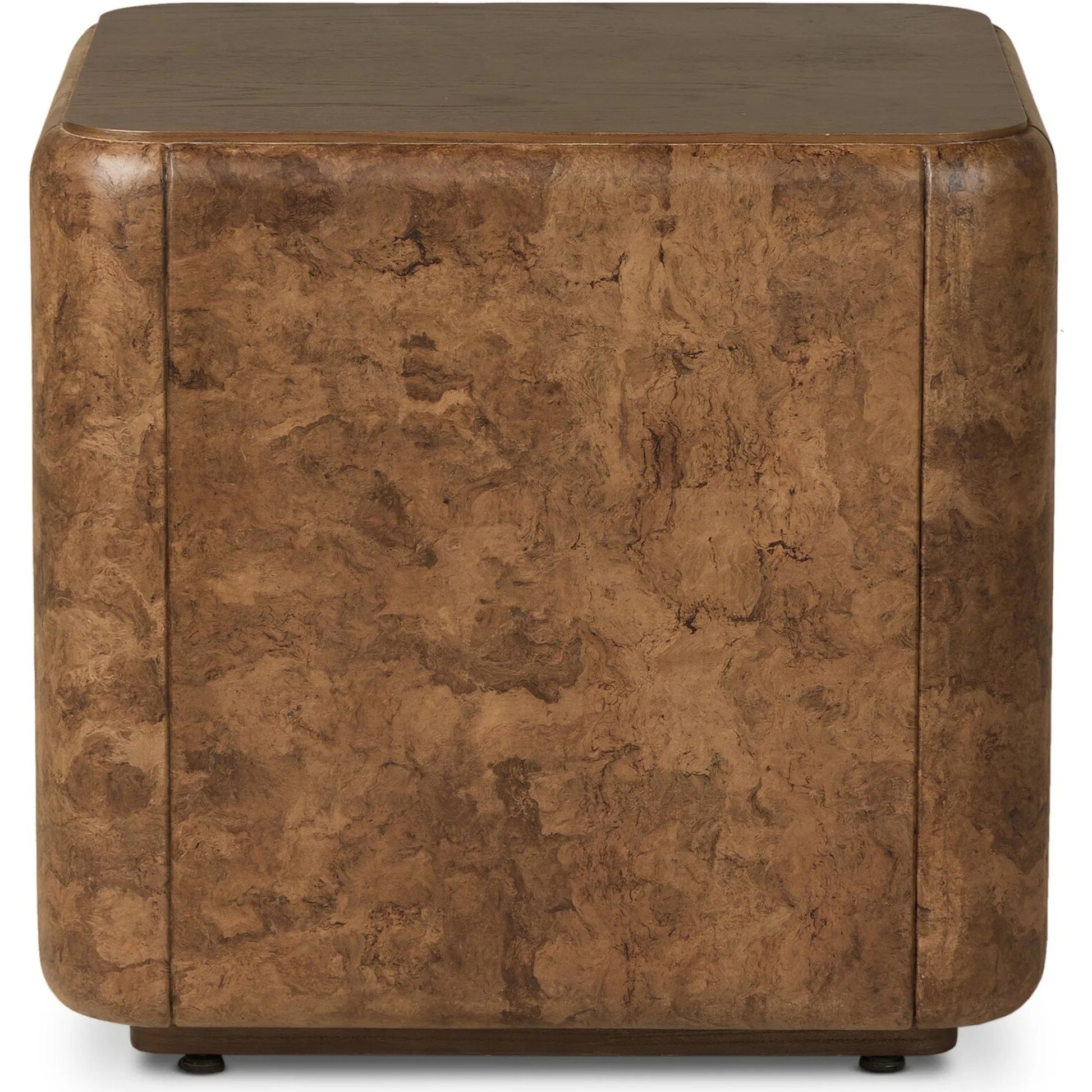Lola End Table by Four Hands in chestnut oak veneer, dark bark paper. Made from thick oak veneer, paper fiber in a unique style.