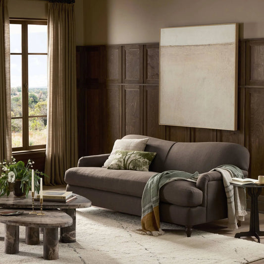 Tiani Sofa by Four Hands in savoy coffee, almond. Made from 61% polyester, 31% viscose (rayon), 8% flax, linen, solid parawood in a unique style.