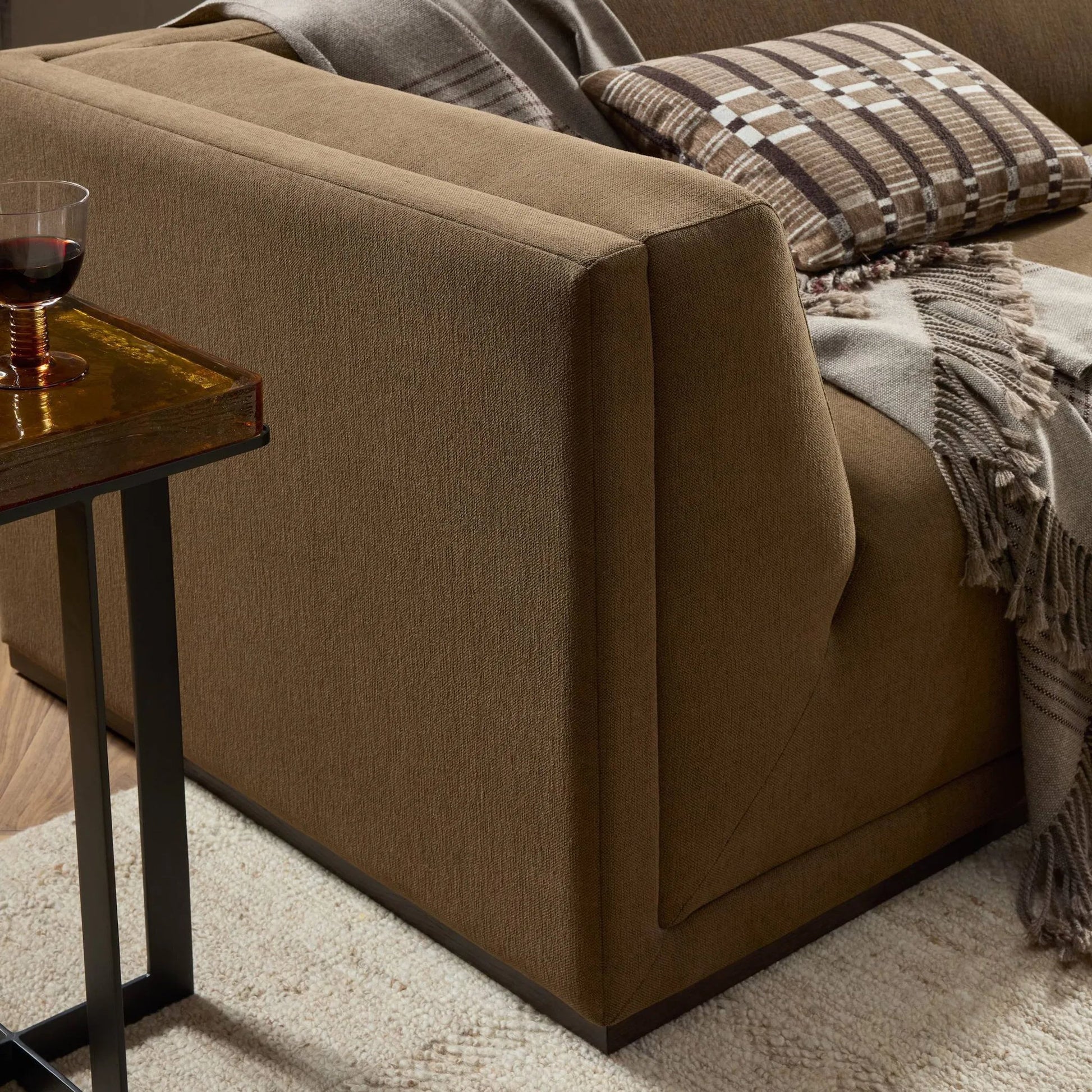 Vince Sofa-94" by Four Hands in crypton nomad mushroom, dark brown. Made from 92% polyester, 8% flax, linen, solid poplar in a unique style.