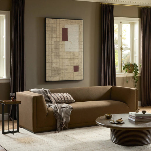 Vince Sofa-94" by Four Hands in crypton nomad mushroom, dark brown. Made from 92% polyester, 8% flax, linen, solid poplar in a unique style.