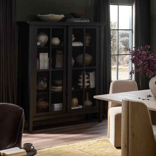 Tuscola Cabinet by Four Hands in smoked black veneer, black paper cord. Made from thick oak veneer, rush, solid oak in a unique style.