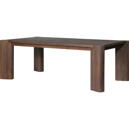 Soho Outdoor Dining Table by Four Hands in stained saddle brown. Made from solid teak in a unique style.