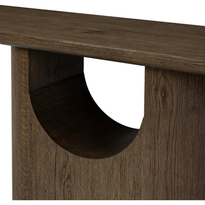 Bevie Console Table by Four Hands in brown oak, brown oak veneer. Made from solid oak, thick oak veneer in a modern style.