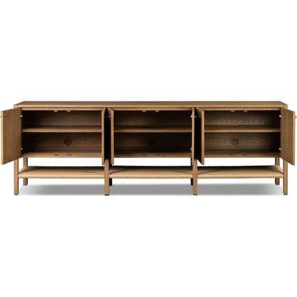 Zuma 6 Door Sideboard by Four Hands in dune ash veneer, natural paper cord. Made from ash veneer, rush, solid ash in a unique style.