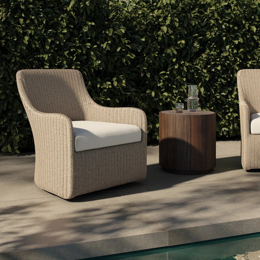 Blaire Outdoor Swivel Chair by Four Hands in vintage white, arashi salt. Made from 100% polyethylene, 100% acrylic in a unique style.