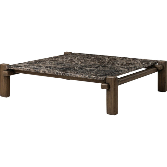Marcia Square Marble Coffee Table by Four Hands in brown emperador marble, grey reclaimed french oak. Made from solid marble, solid reclaimed oak in a unique style.