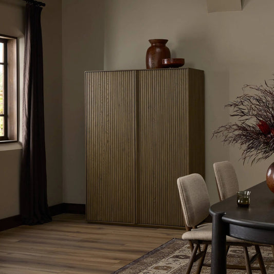 Leo Cabinet by Four Hands in rustic grey veneer. Made from thick oak veneer, solid oak in a unique style.