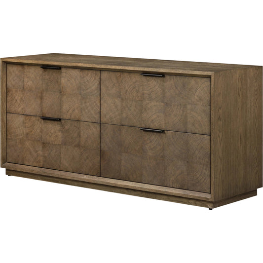 Salta 4 Drawer Dresser by Four Hands in brown oak thin oyster, brown oak thick veneer. Made from oak veneer, thin oyster cut, thick oak veneer in a unique style.