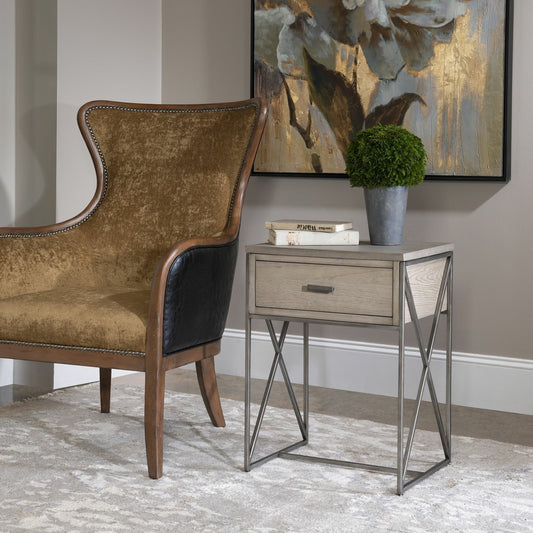 Cartwright Side Table by Uttermost in gray. Made from iron, concrete, oak veneered mdf in a modern style.