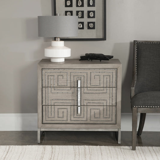 Devya Oak Accent Chest by Uttermost in gray. Made from iron, alder solid wood, mdf, oak veneer in a eclectic & global style.