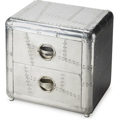 Midway Aviator Side Table by Butler Specialty Company in silver and metalworks. Made from aluminum, steel, mdf, wood solids in a modern style.