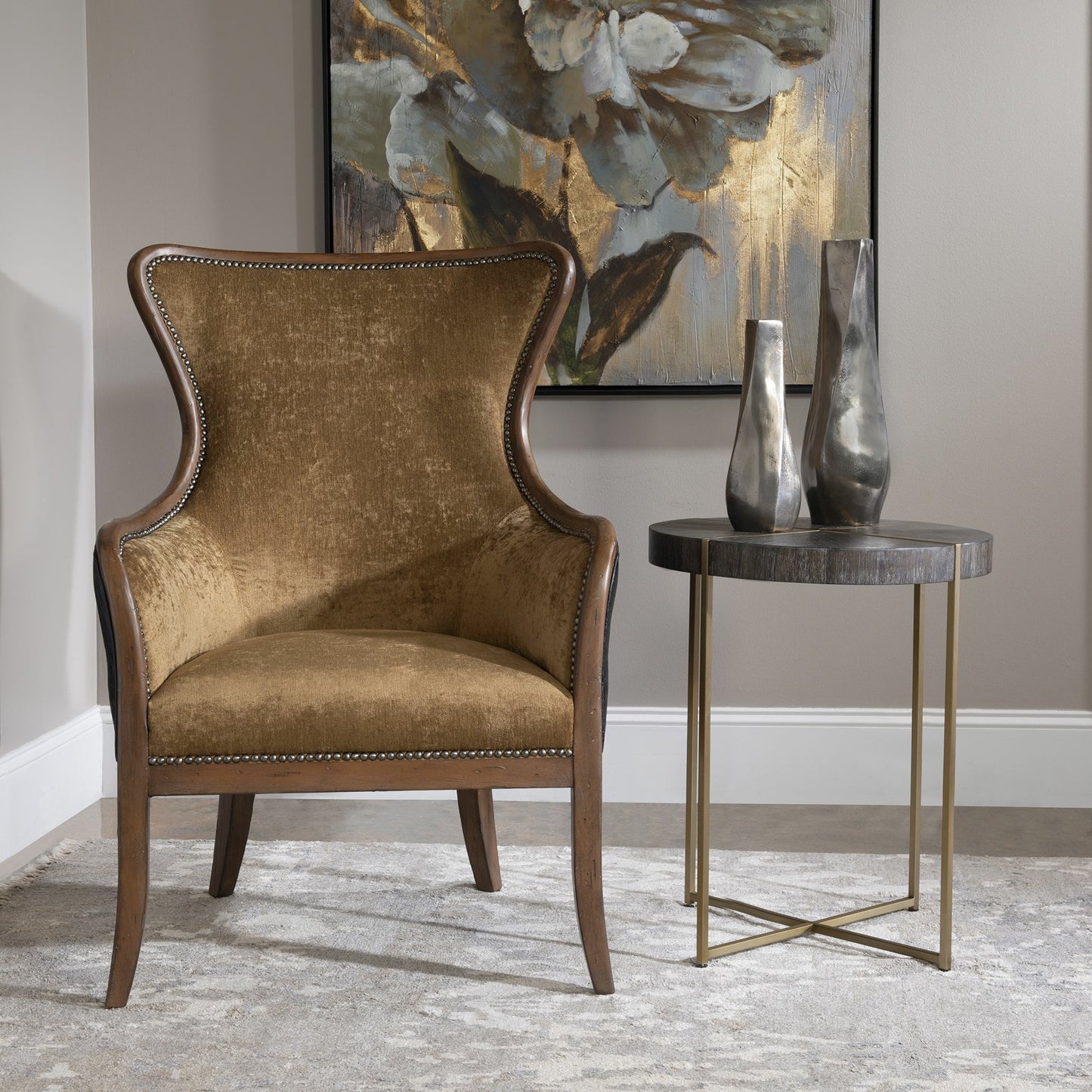 003 SR-766746 | Additional Silo | Taja Round Accent Table by Uttermost in dark walnut, gray. Made from stainless steel, acacia veneered mdf top in a modern style.