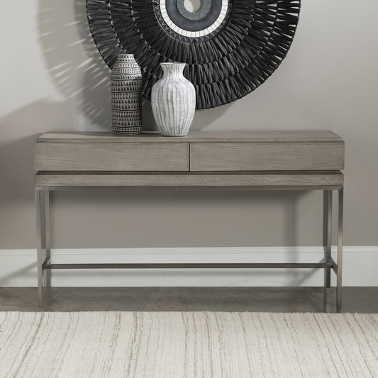 Kamala Console Table by Uttermost in gray. Made from stainless steel, mdf, oak veneer in a modern style.