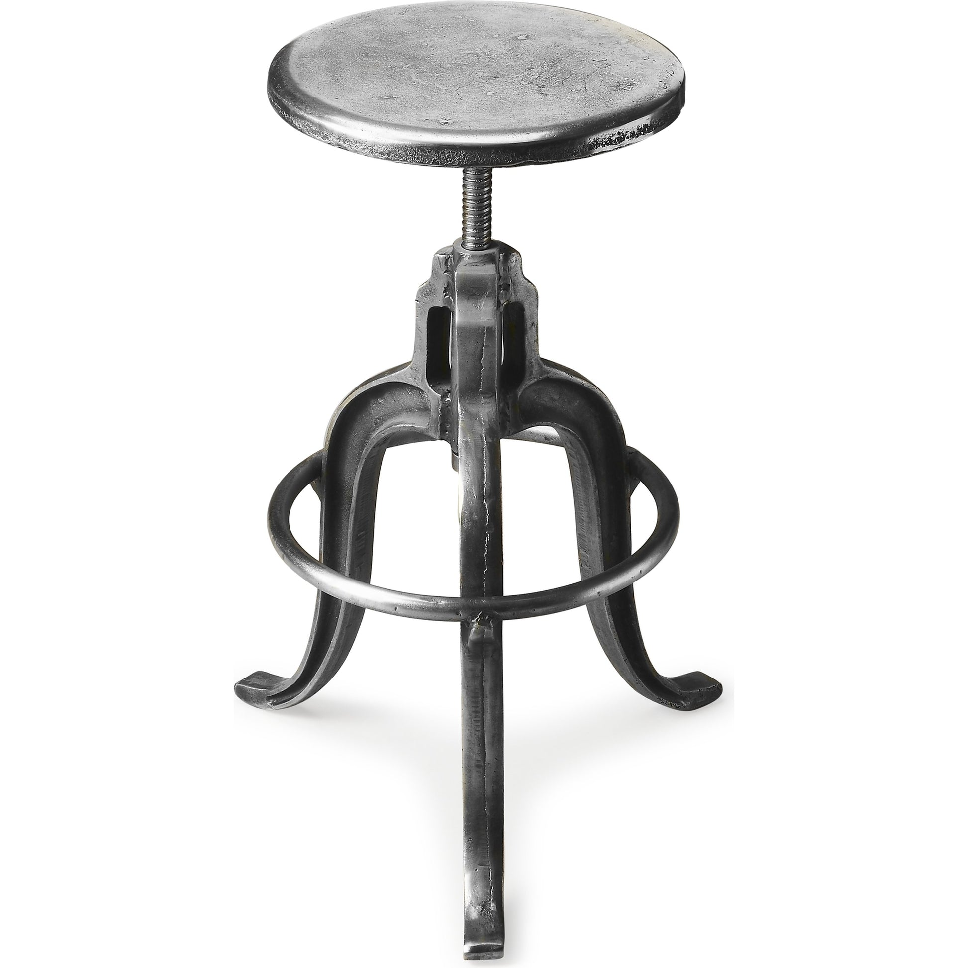 Parnell Adjustable Swivel Iron Bar Stool by Butler Specialty Company in silver and metalworks. Made from iron, steel in a modern style.