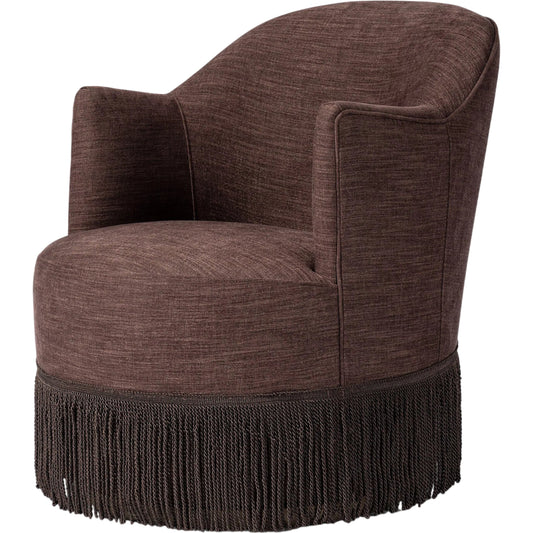 Aurora Fringe Swivel Chair by Four Hands in laughlin plum, distressed natural, plum fringe. Made from 97% polyester, 3% flax, linen, solid parawood, 70% polyester, 30% cotton in a unique style.
