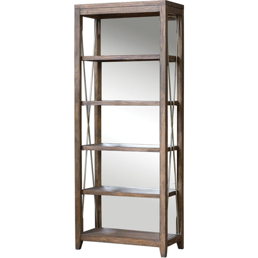 Delancey Weathered Oak Etagere by Uttermost. Made from javawood with mdf carb phase 2, glass mirror, iron metal in a traditional style.