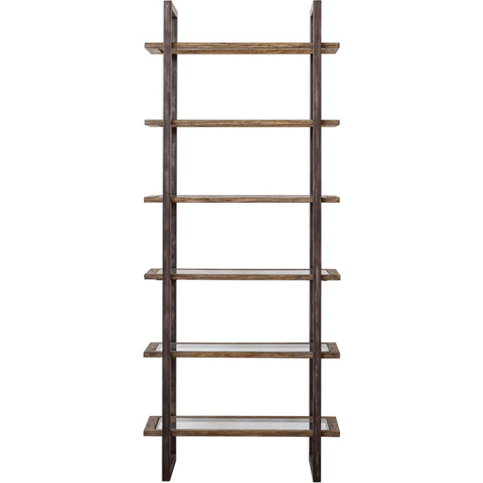 Olwyn Industrial Etagere by Uttermost. Made from javawood with metl iron, glass in a transitional style.