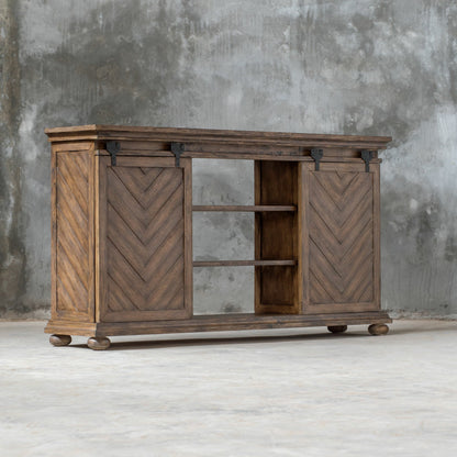 Primalia Barn Door Media Console by Uttermost. Made from mdf carb phase 2 with javawood, mdf in a rustic style.
