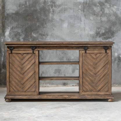 Primalia Barn Door Media Console by Uttermost. Made from mdf carb phase 2 with javawood, mdf in a rustic style.