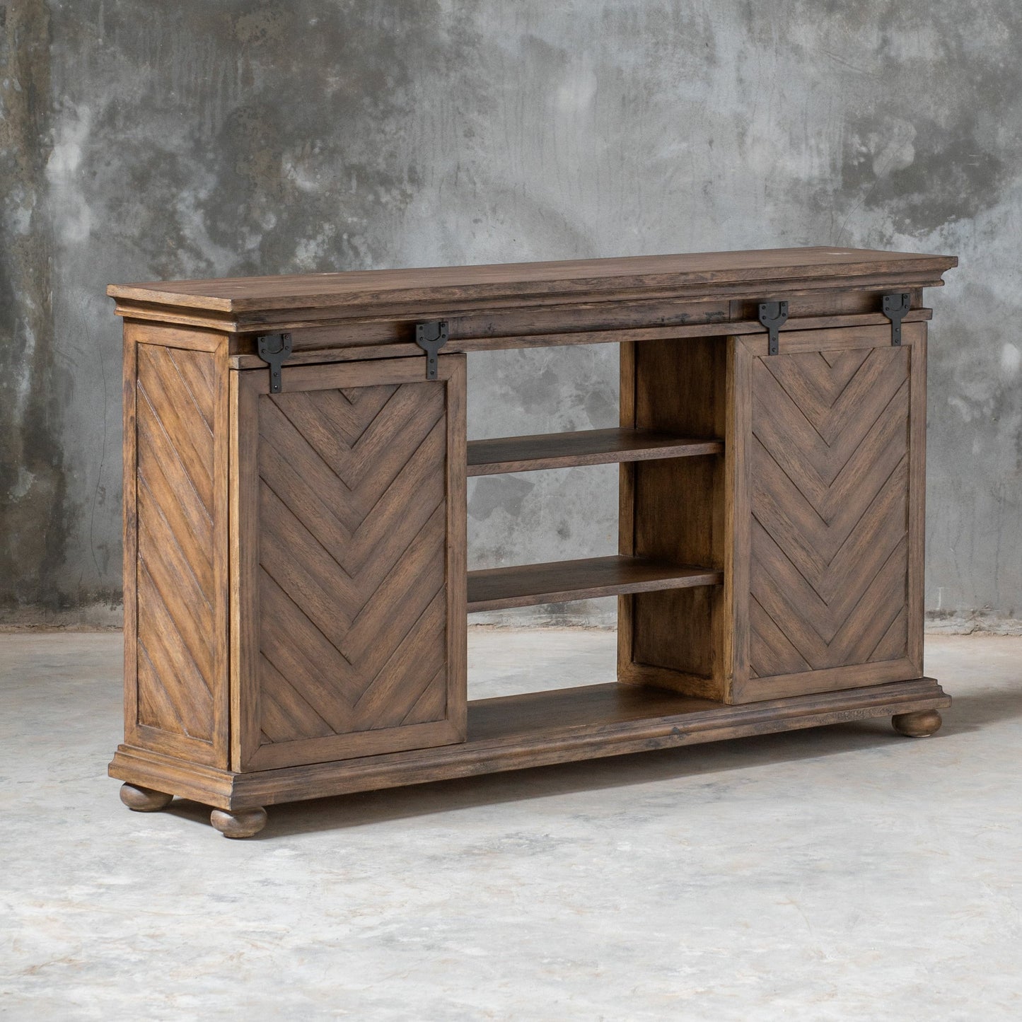 010 SR-766761 | Additional Silo | Primalia Barn Door Media Console by Uttermost. Made from mdf carb phase 2 with javawood, mdf in a rustic style.