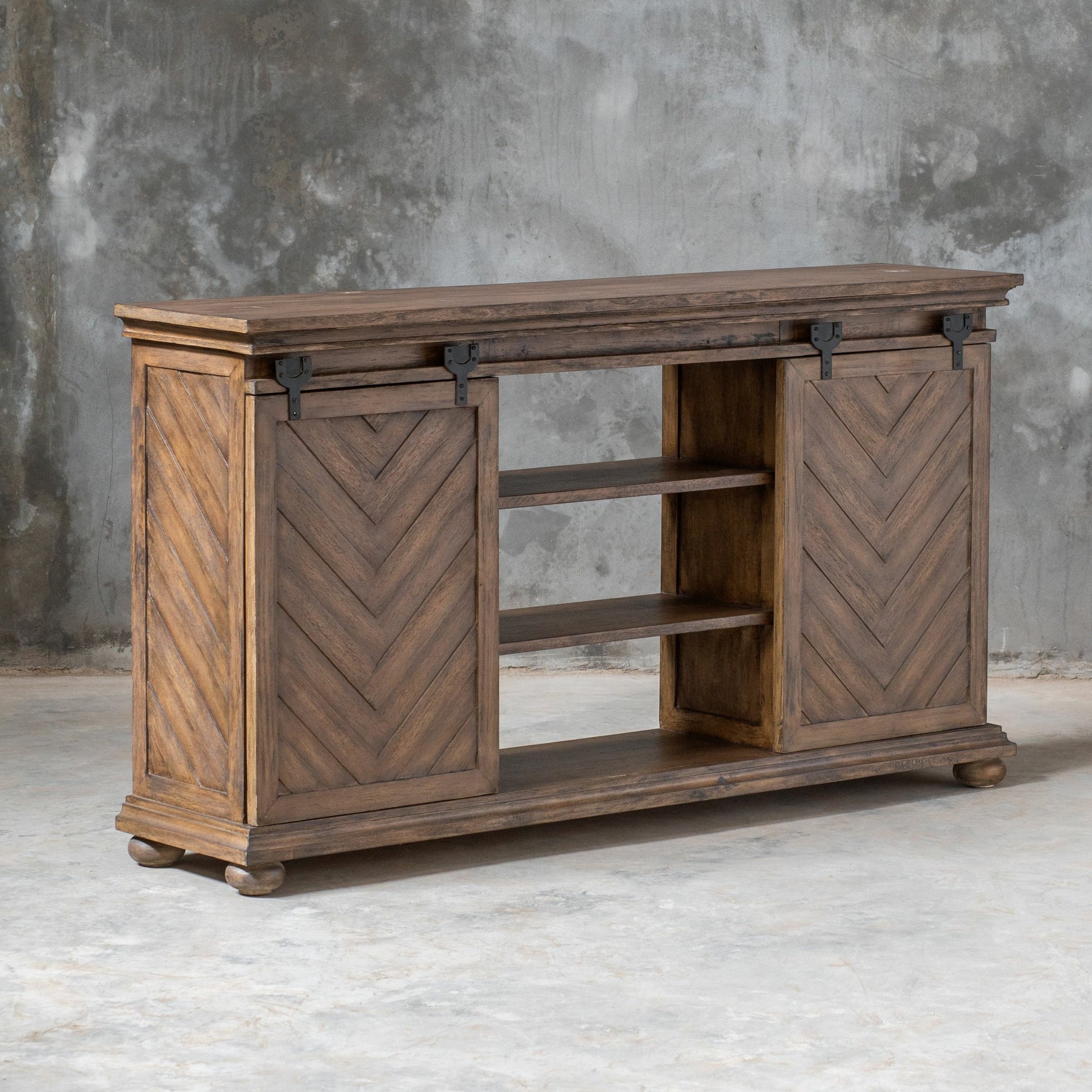 Primalia Barn Door Media Console by Uttermost. Made from mdf carb phase 2 with javawood, mdf in a rustic style.