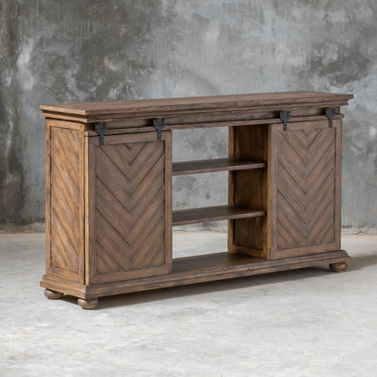 Primalia Barn Door Media Console by Uttermost. Made from mdf carb phase 2 with javawood, mdf in a rustic style.