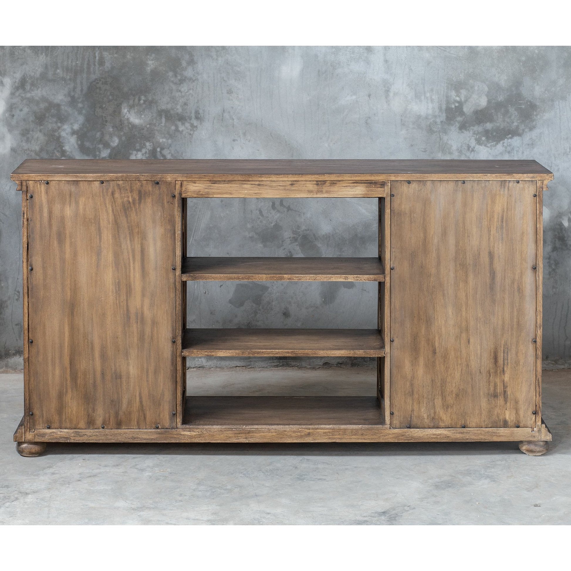 Primalia Barn Door Media Console by Uttermost. Made from mdf carb phase 2 with javawood, mdf in a rustic style.