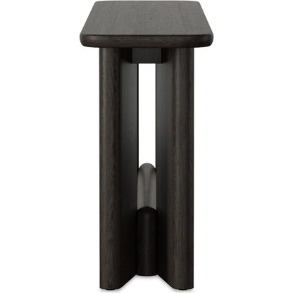 Nadine Console Table by Four Hands in smoked black oak veneer, smoked black alder solid. Made from thick oak veneer, solid alder in a unique style.