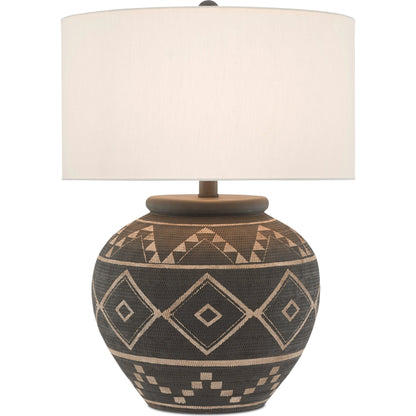 Tattoo Table Lamp by Currey and Company in brewed latte, mole black. Made from terracotta, wrought iron in a rustic style.