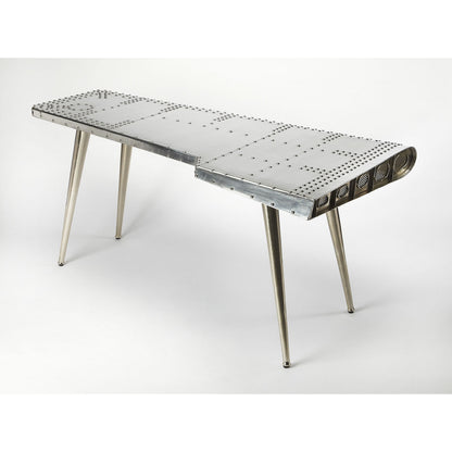 Midway Aviator Desk by Butler Specialty Company in silver and metalworks. Made from aluminum, steel, mdf, wood solids in a modern style.