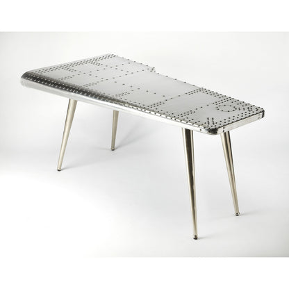 Midway Aviator Desk by Butler Specialty Company in silver and metalworks. Made from aluminum, steel, mdf, wood solids in a modern style.