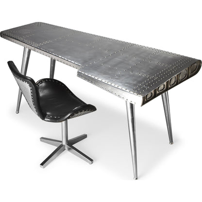 Midway Aviator Desk by Butler Specialty Company in silver and metalworks. Made from aluminum, steel, mdf, wood solids in a modern style.