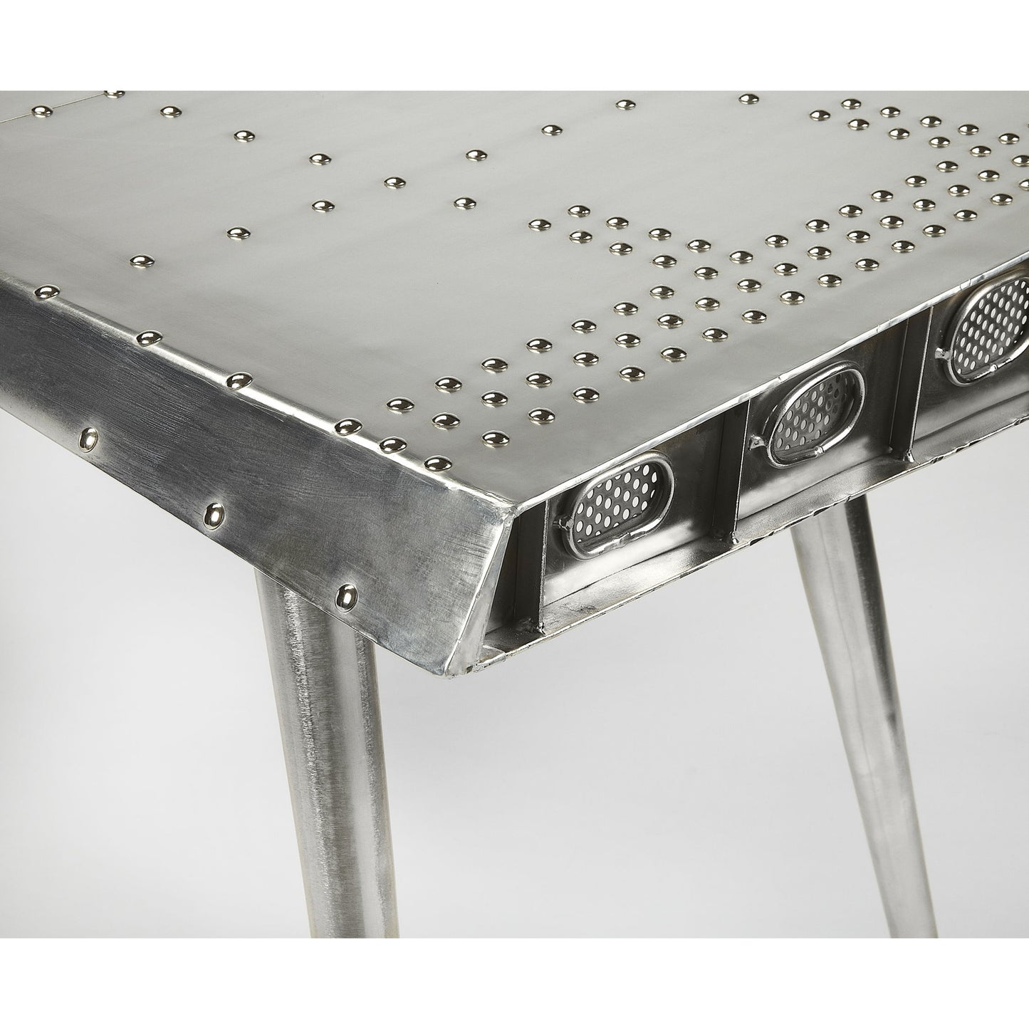 004 O-BUTLER-2552025 | Closeup | Midway Aviator Desk by Butler Specialty Company in silver and metalworks. Made from aluminum, steel, mdf, wood solids in a modern style.