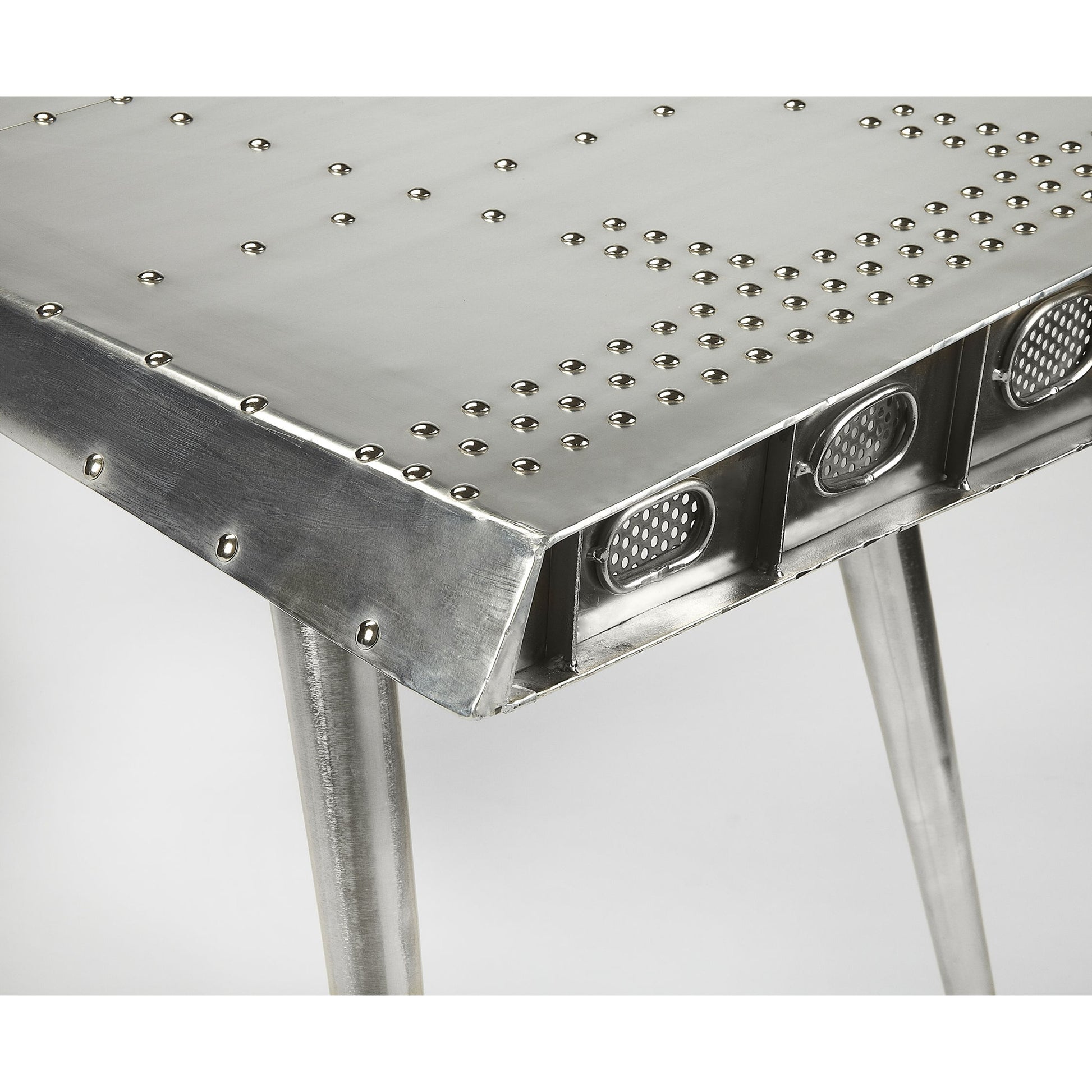 Midway Aviator Desk by Butler Specialty Company in silver and metalworks. Made from aluminum, steel, mdf, wood solids in a modern style.